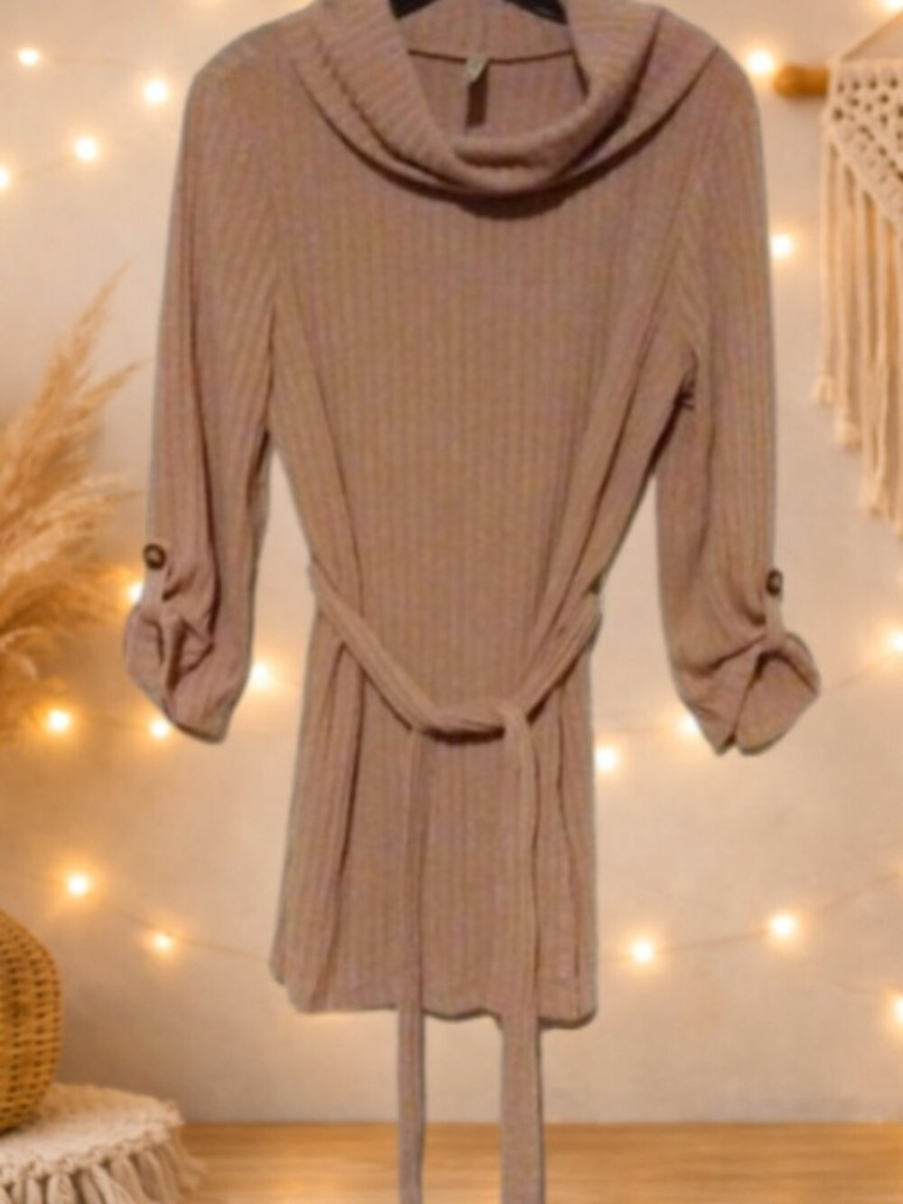 PerSeption Concept Ribbed Cowl Neck Belted Tunic Sweater L Quiet Luxury Cozy